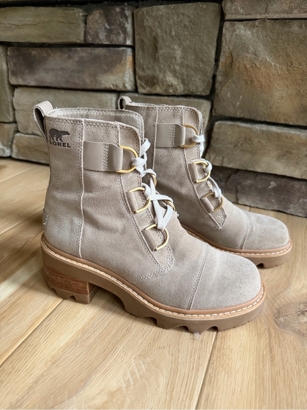 Sorel Joan Now Taupe Suede Lace-Up Lug Ankle Boots